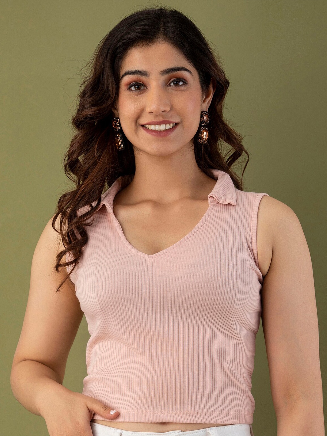 Mialo fashion Self Design Shirt Collar Fitted Crop Top, Peach