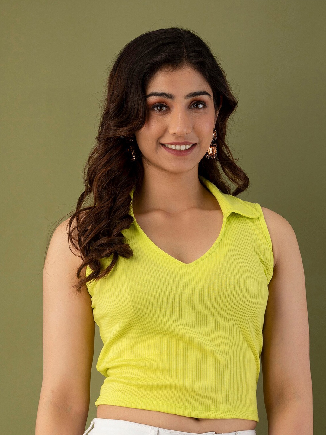 

Mialo fashion Self Design Shirt Collar Fitted Crop Top, Yellow