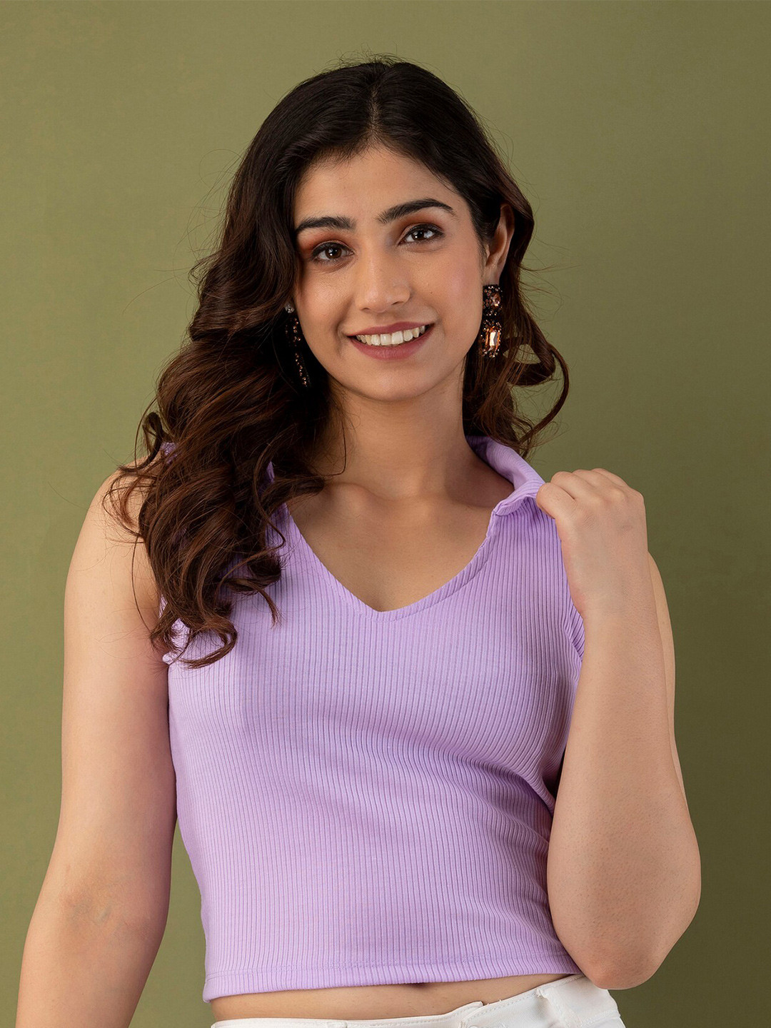 

Mialo fashion Self Design Shirt Collar Fitted Crop Top, Lavender