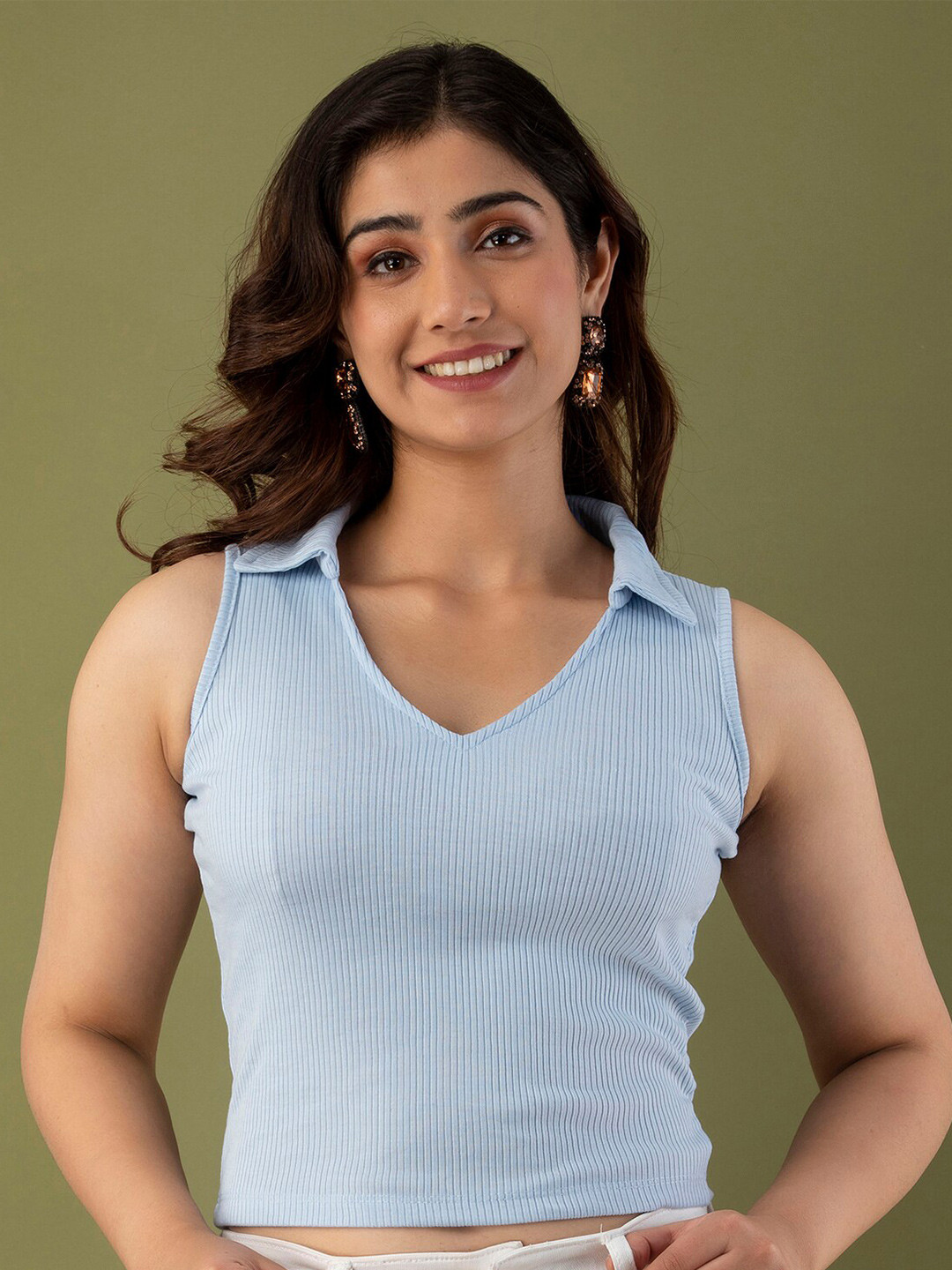

Mialo fashion Self Design Shirt Collar Knitted Fitted Crop Top, Blue