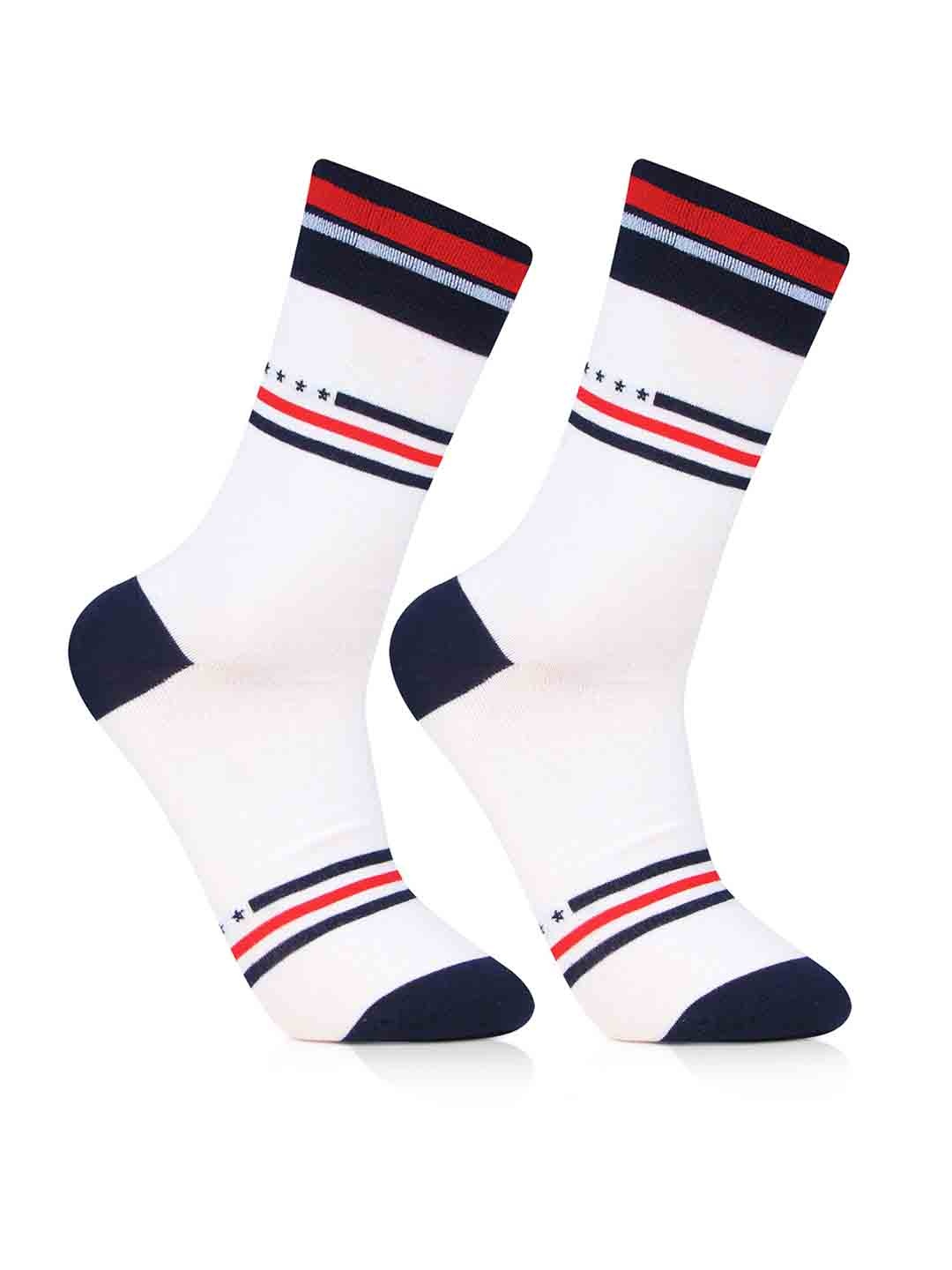 

Bonjour Men Striped Calf Length Socks, White