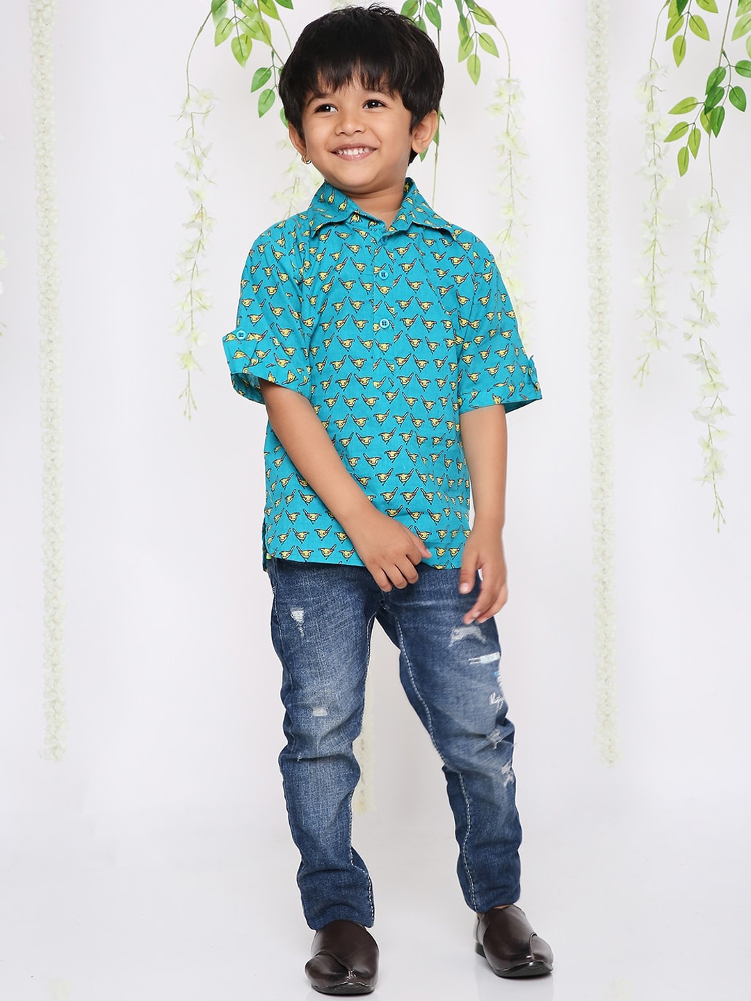 

KID1 Boys Ethnic Motifs Printed Shirt Collar Pure Cotton Pathani Kurta, Turquoise blue