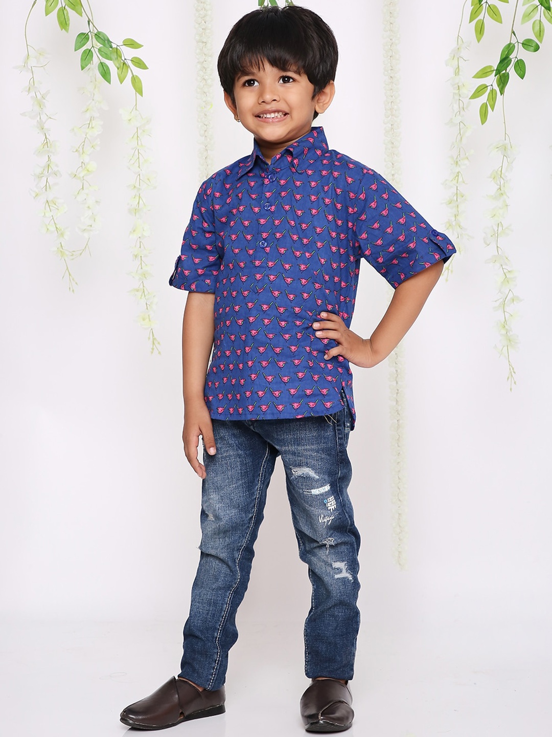 

KID1 Boys Ethnic Motifs Printed Shirt Collar Pure Cotton Pathani Kurta, Blue