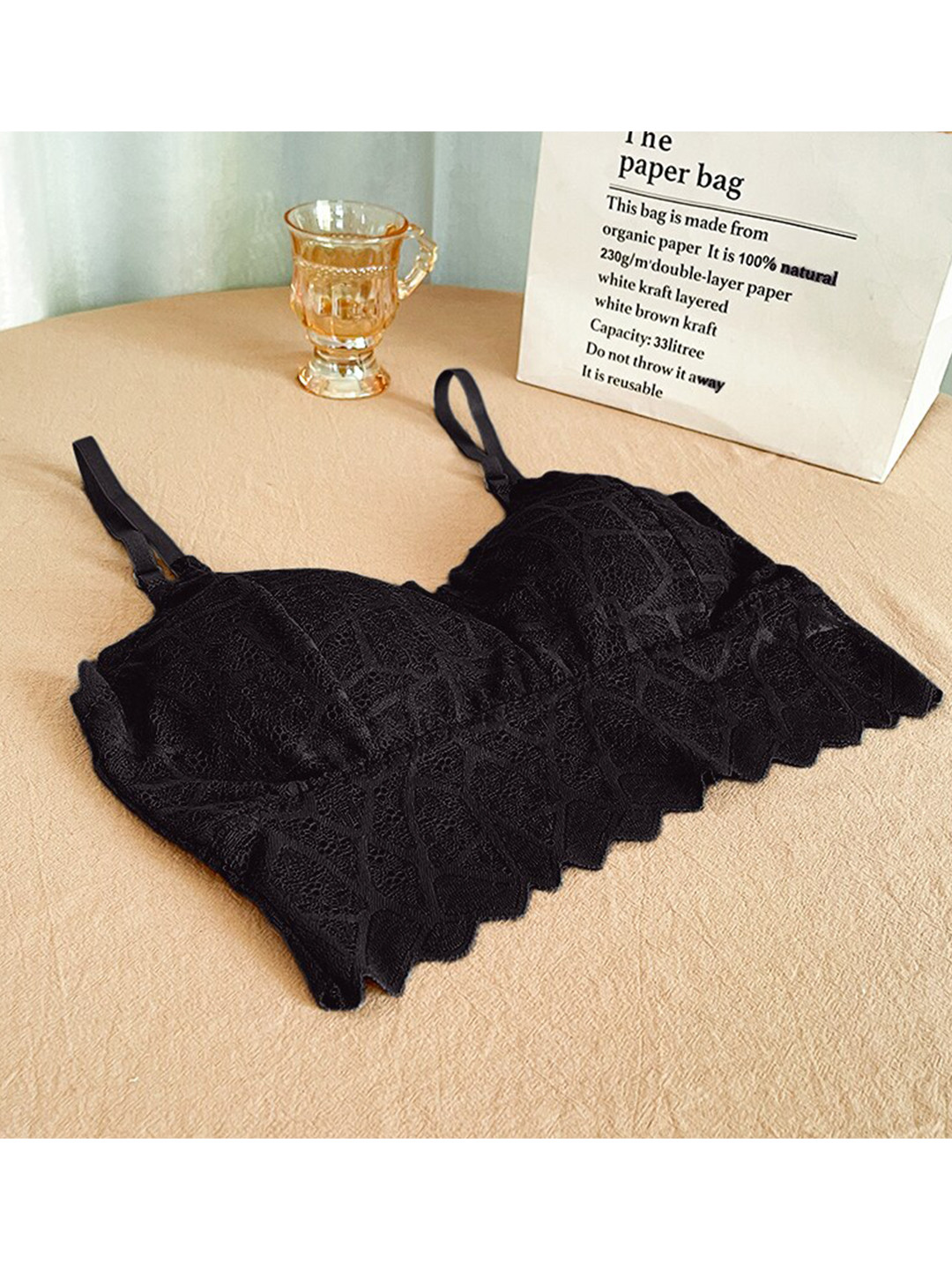 

VAGHBHATT Geometric Full Coverage Lace Bandeau Bra, Black
