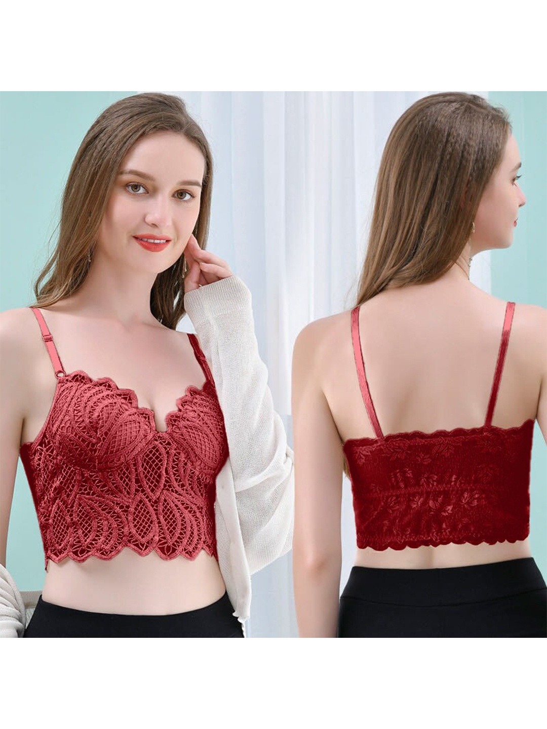 

VAGHBHATT Geometric Full Coverage Lace Bralette Bra, Red