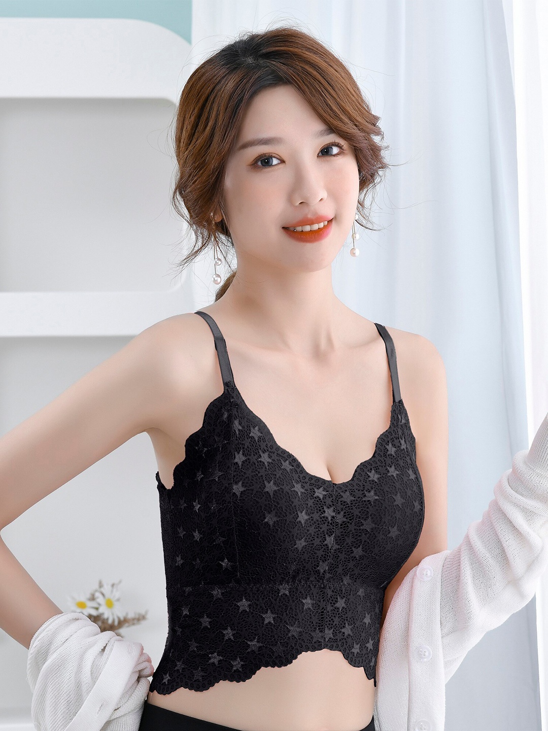 

VAGHBHATT Floral Breathable Full Coverage Bralette Bra, Black