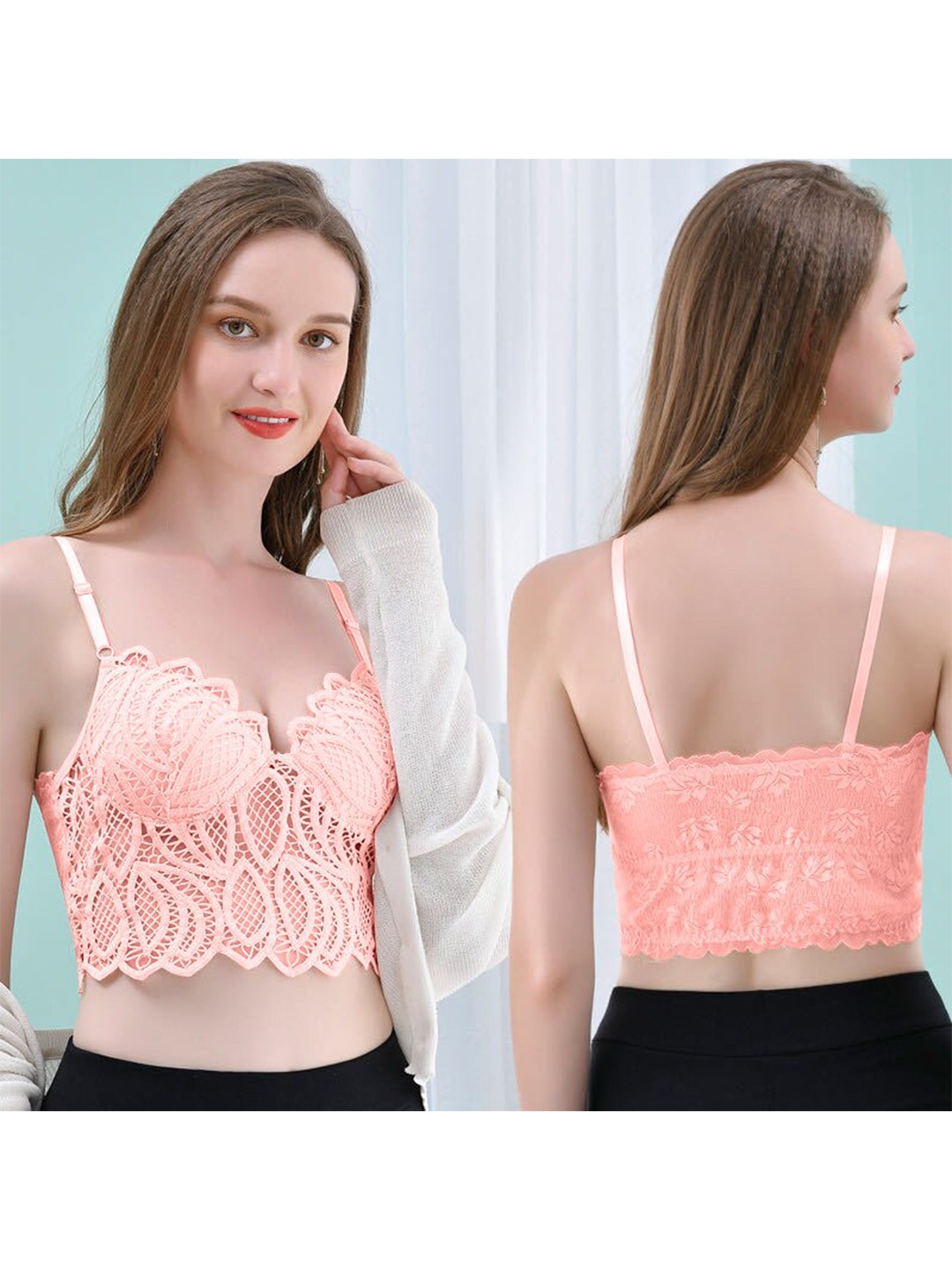 

VAGHBHATT Floral Lace Full Coverage Bandeau Bra, Pink