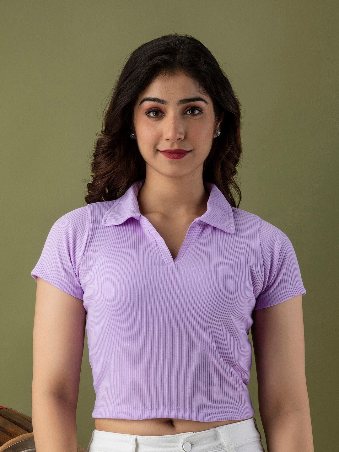 

Mialo fashion Self Design Shirt Collar Knitted Fitted Crop Top, Lavender
