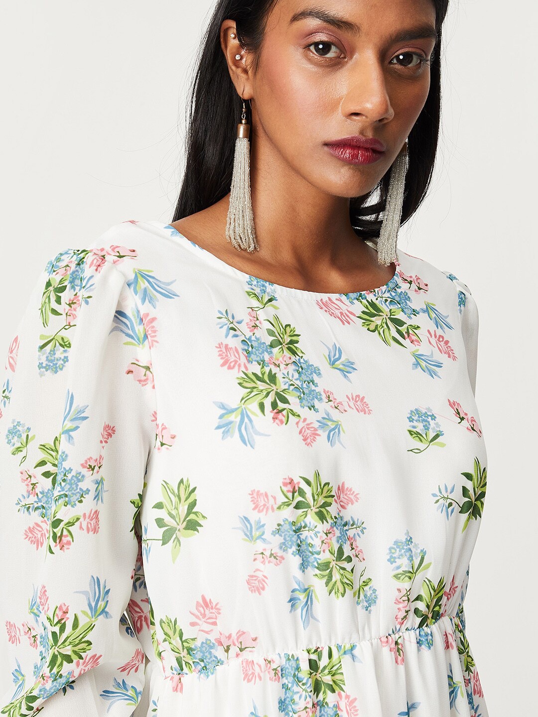 

max Floral Printed Puff Sleeve Midi A-Line Dress, White