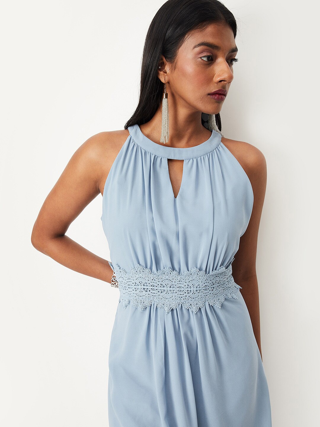 

max Round Neck A-Line Midi Dress, Blue
