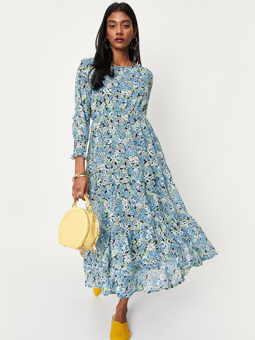

max Floral Printed Round Neck Fit & Flare Midi Dress, Blue