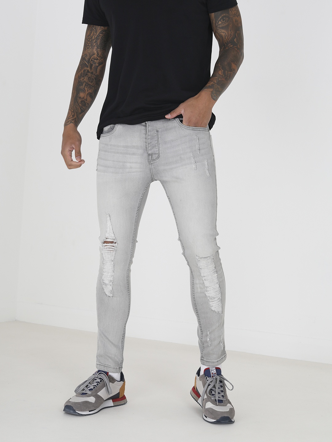 

BRAVE SOUL Men Skinny Fit Mildly Distressed Heavy Fade Stretchable Jeans, Grey