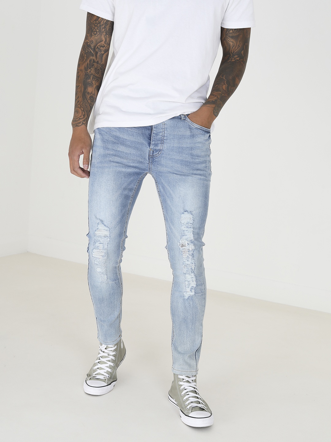 BRAVE SOUL Men Skinny Fit Mildly Distressed Light Fade Stretchable Jeans, Blue