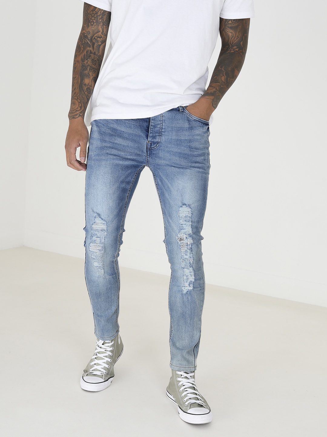 

BRAVE SOUL Men Skinny Fit Mildly Distressed Light Fade Stretchable Jeans, Blue