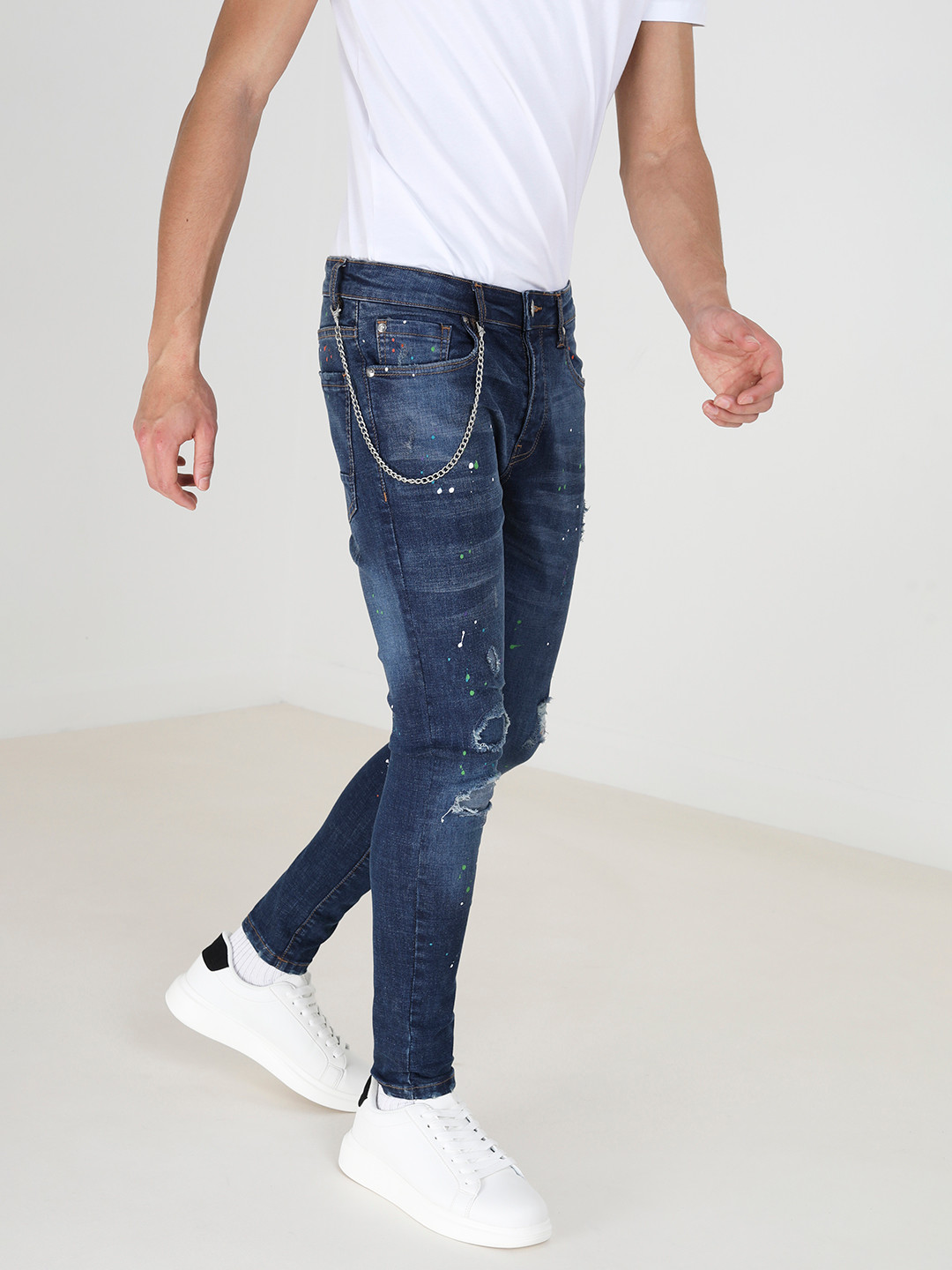 

BRAVE SOUL Men Skinny Fit Mildly Distressed Light Fade Paint Splatter Stretchable Jeans, Blue