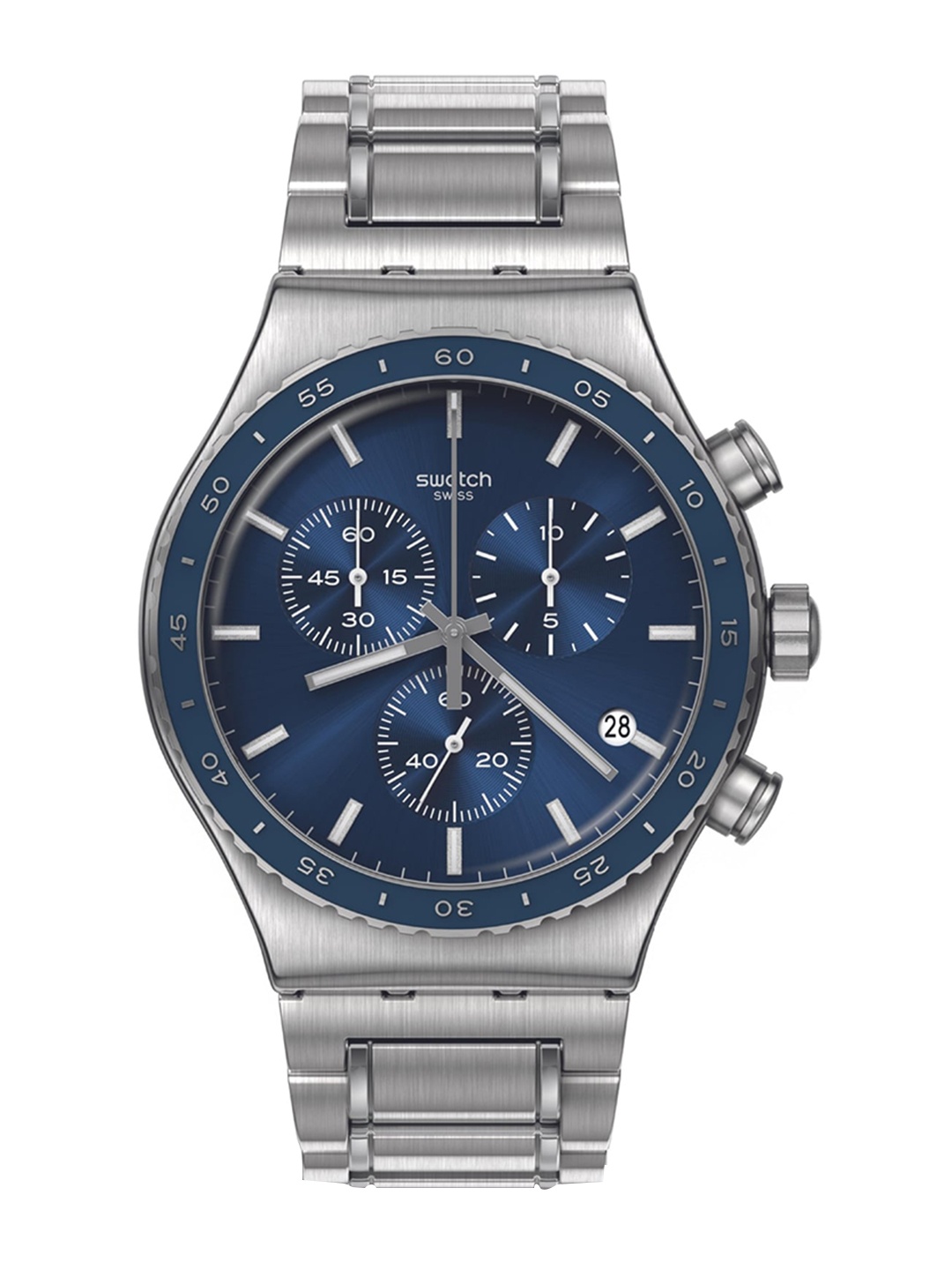 

Swatch Men Embellished Dial & Stainless Steel Bracelet Style Straps Analogue Watch YVS496G, Blue