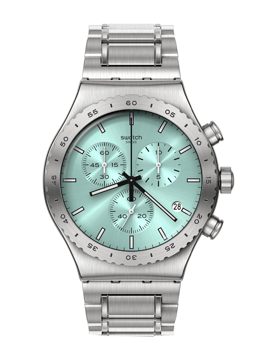 

Swatch Men Embellished Dial & Stainless Steel Bracelet Style Straps Analogue Watch YVS498G, Grey