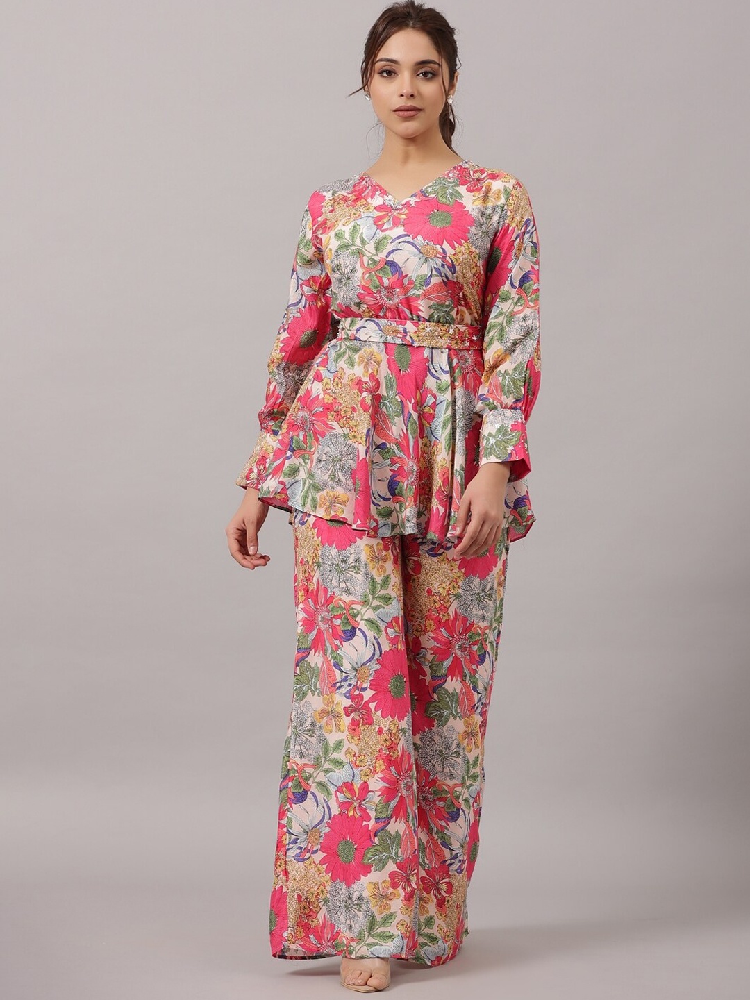 

Amchoor Floral Printed Pure Cotton V-Neck Top With Palazzos Co-Ords, Pink