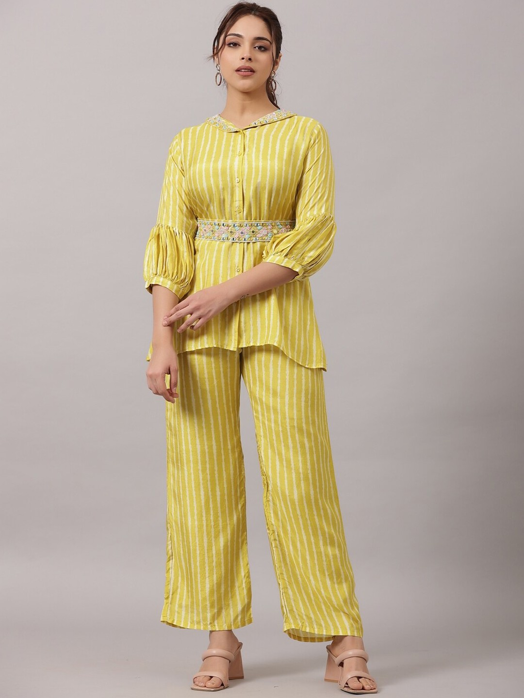 

Amchoor Striped Embroidered Shawl Collar Muslin Top & Palazzos Co-Ords, Green