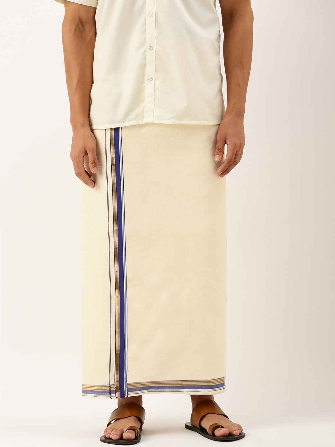 

THANGAMAGAN Men Pure Cotton Fancy Border Dhoti, Off white