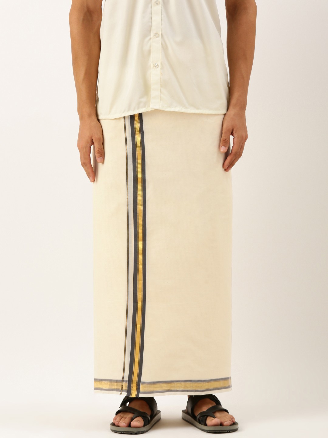 

THANGAMAGAN Men Pure Cotton Fancy Border Dhoti, Off white