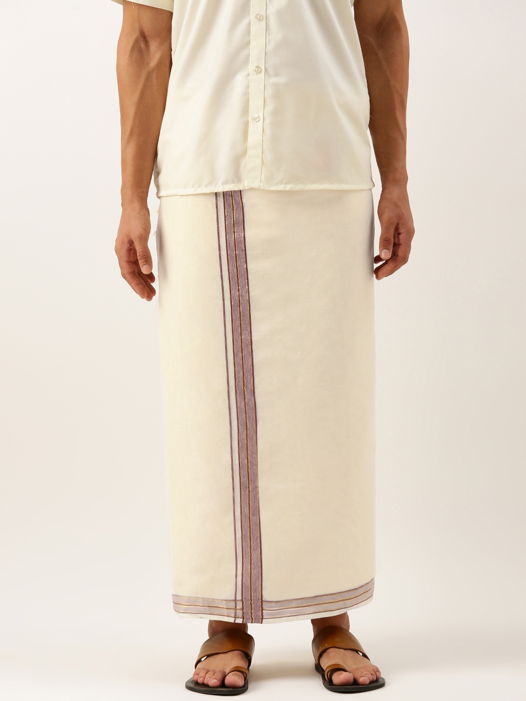 

THANGAMAGAN Men Pure Cotton Fancy Border Dhoti, Off white