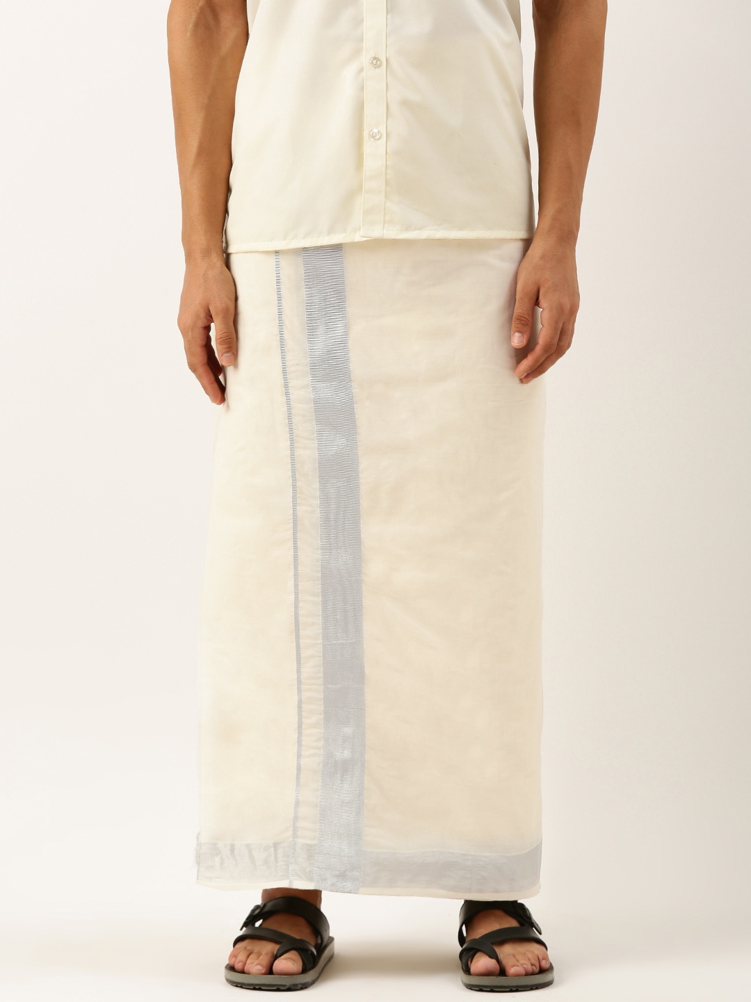 

THANGAMAGAN Men Pure Cotton Fancy Border Dhoti, Off white