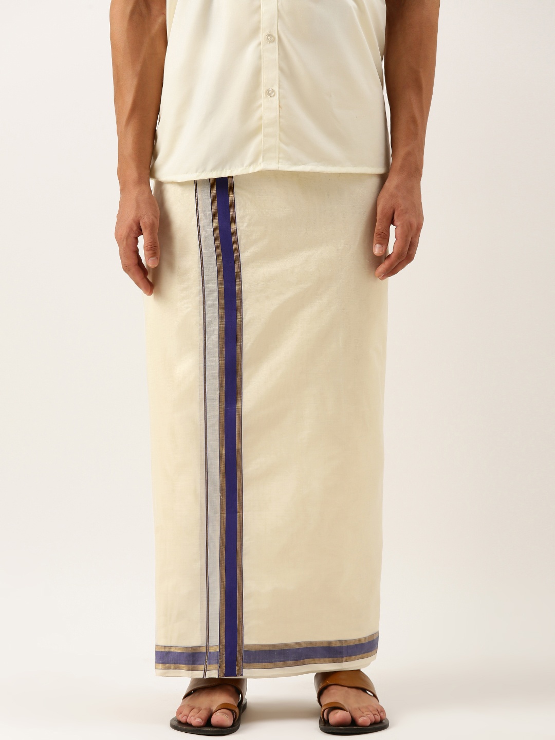 

THANGAMAGAN Men Pure Cotton Fancy Border Dhoti, Off white