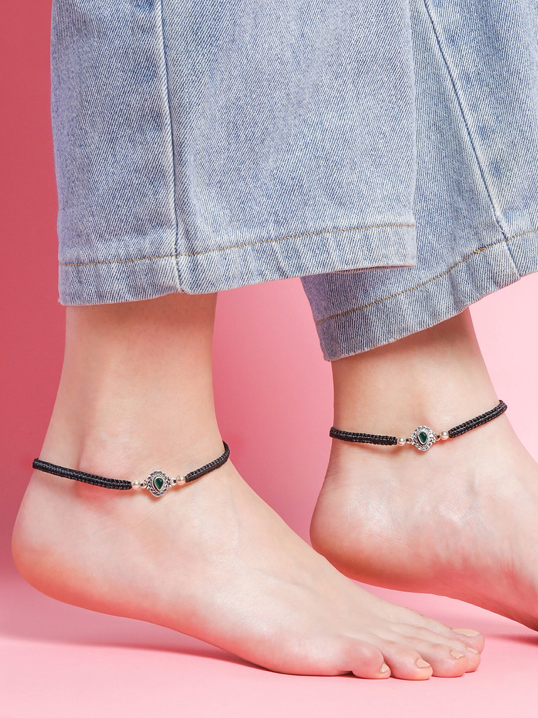 

Zavya Women 925 Sterling Silver 2Pcs Silver-Plated Artificial Stones Anklet