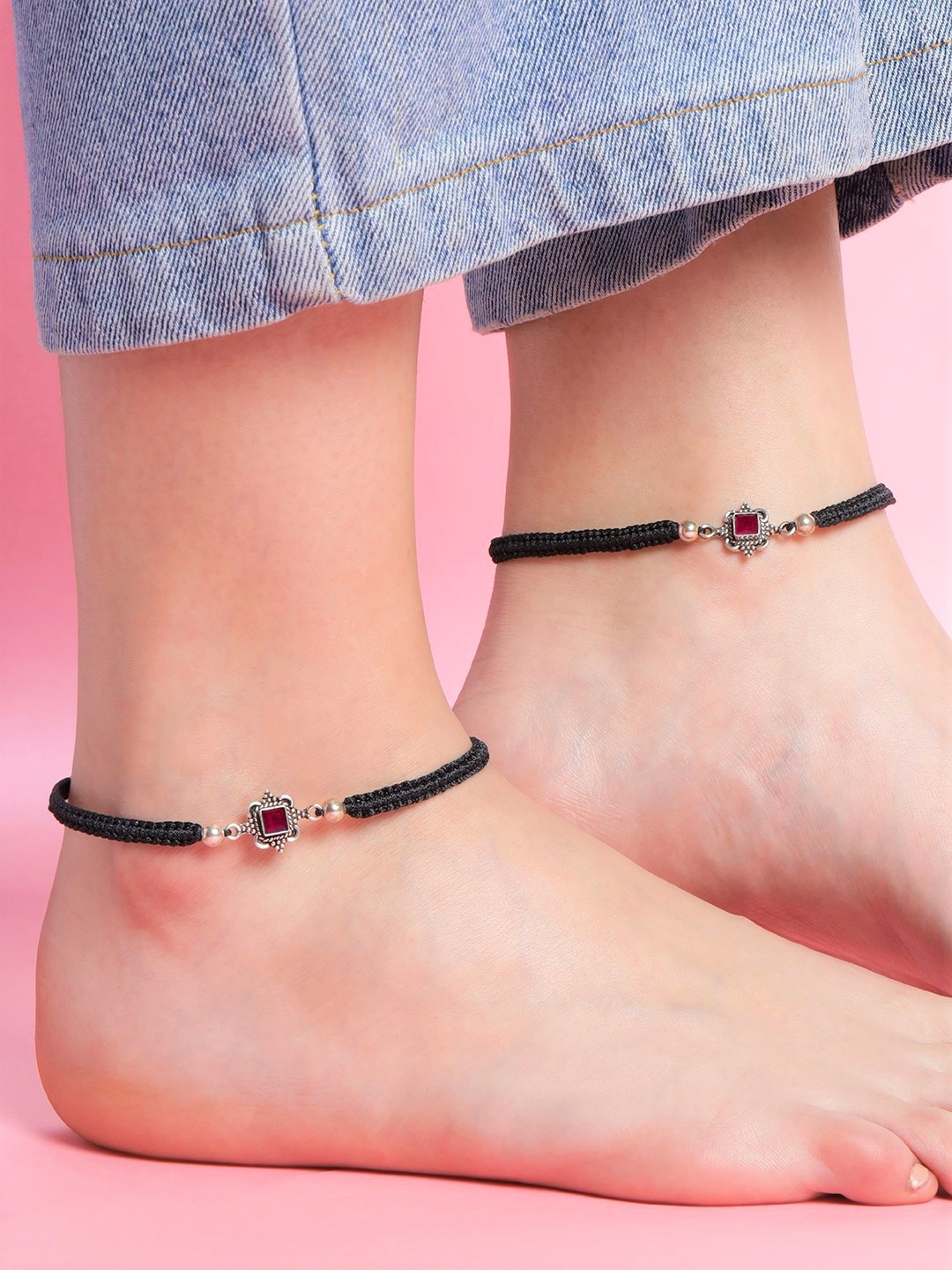 

Zavya Pack Of 2 925 Pure Silver Artificial Stones Rhodium-Plated Anklets