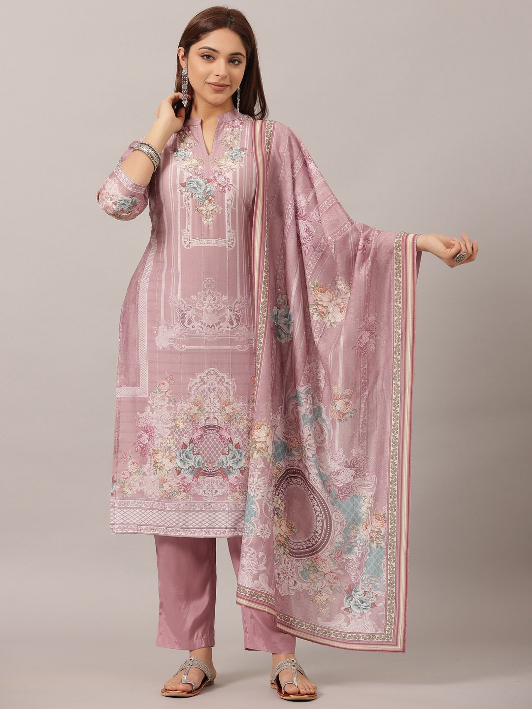 

Amchoor Floral Printed Thread Work Pure Cotton Kurta with Trousers & Dupatta, Mauve