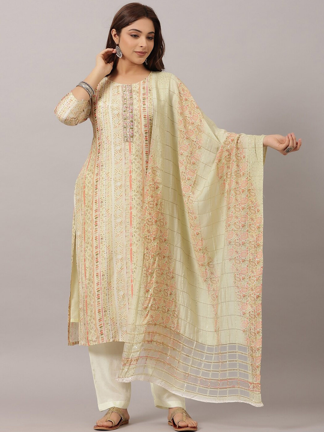 

Amchoor Ethnic Motifs Printed Thread Work Pure Cotton Kurta with Trousers & Dupatta, Beige