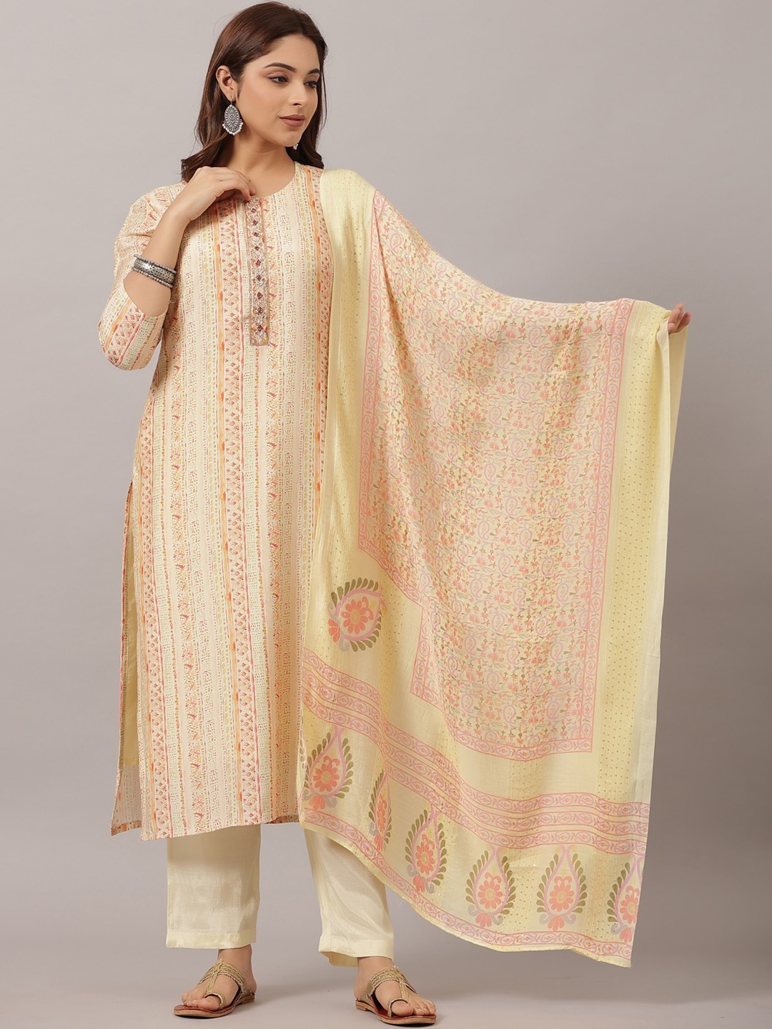 

Amchoor Ethnic Motifs Printed Thread Work Pure Cotton Kurta with Trousers & Dupatta, Beige
