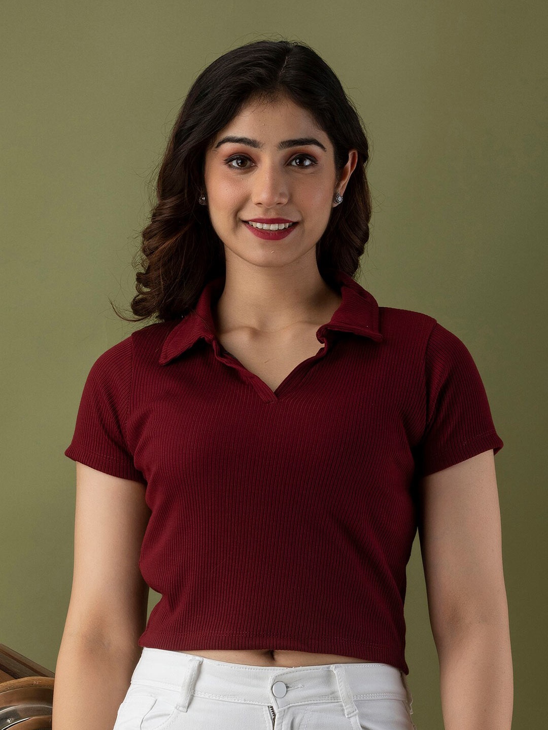 

Mialo fashion Self Design Shirt Collar Knitted Fitted Crop Top, Maroon
