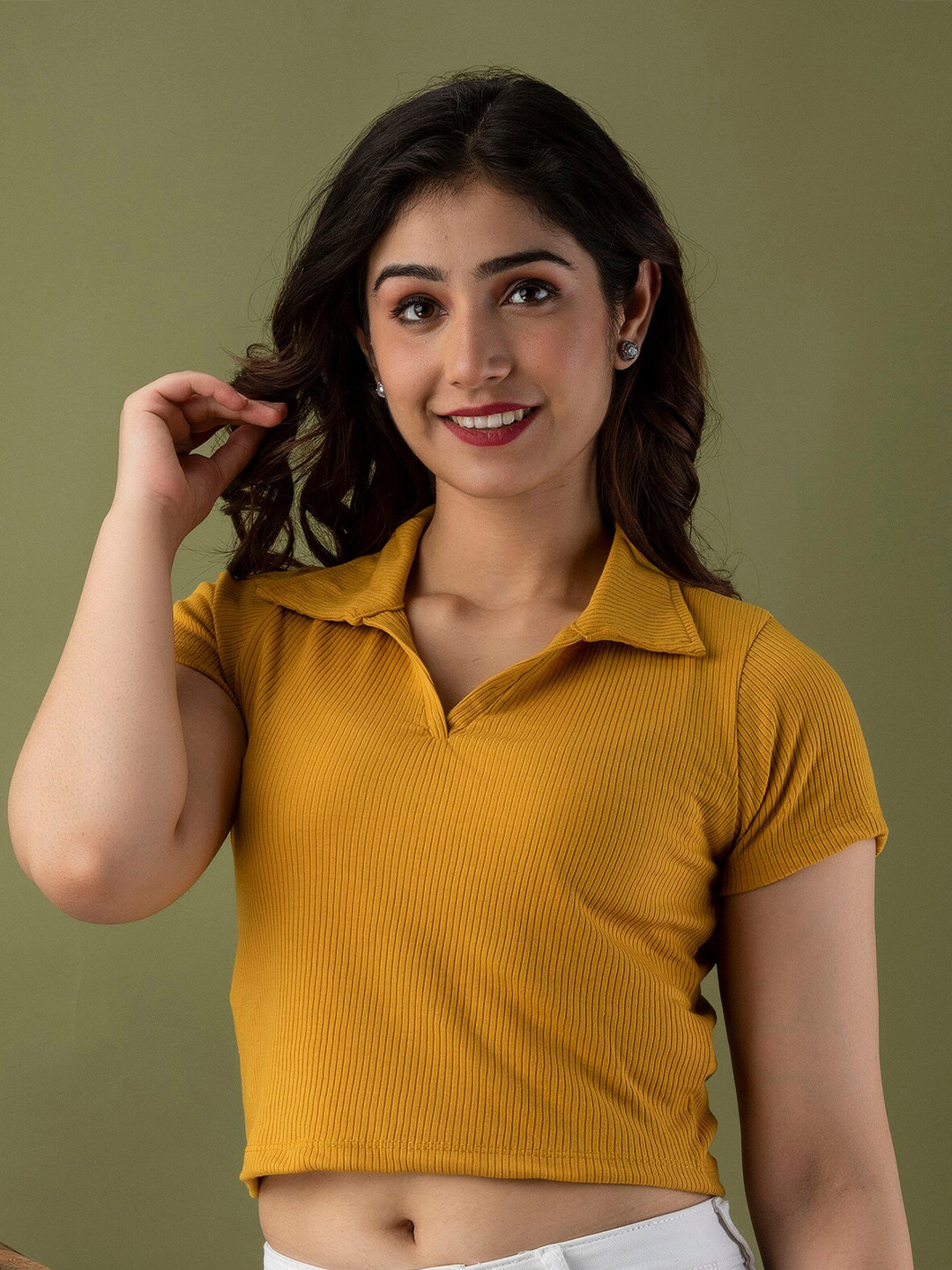 

Mialo fashion Self Design Shirt Collar Knitted Fitted Crop Top, Yellow