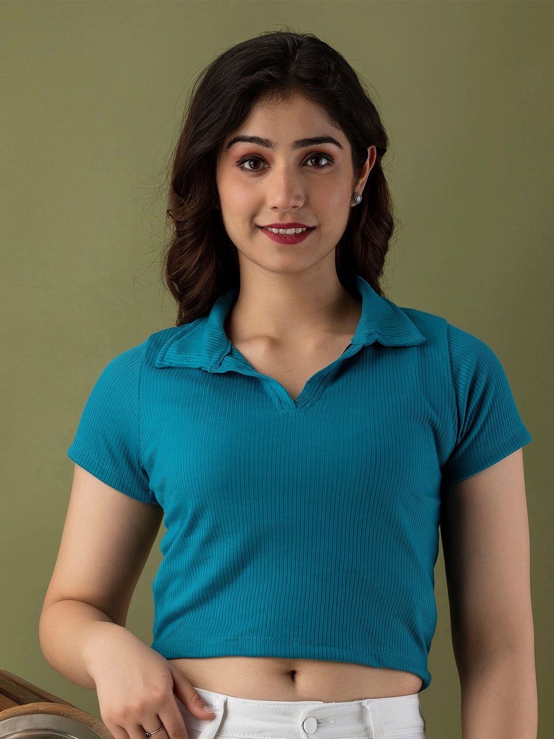 

Mialo fashion Self Design Shirt Collar Knitted Fitted Crop Top, Teal