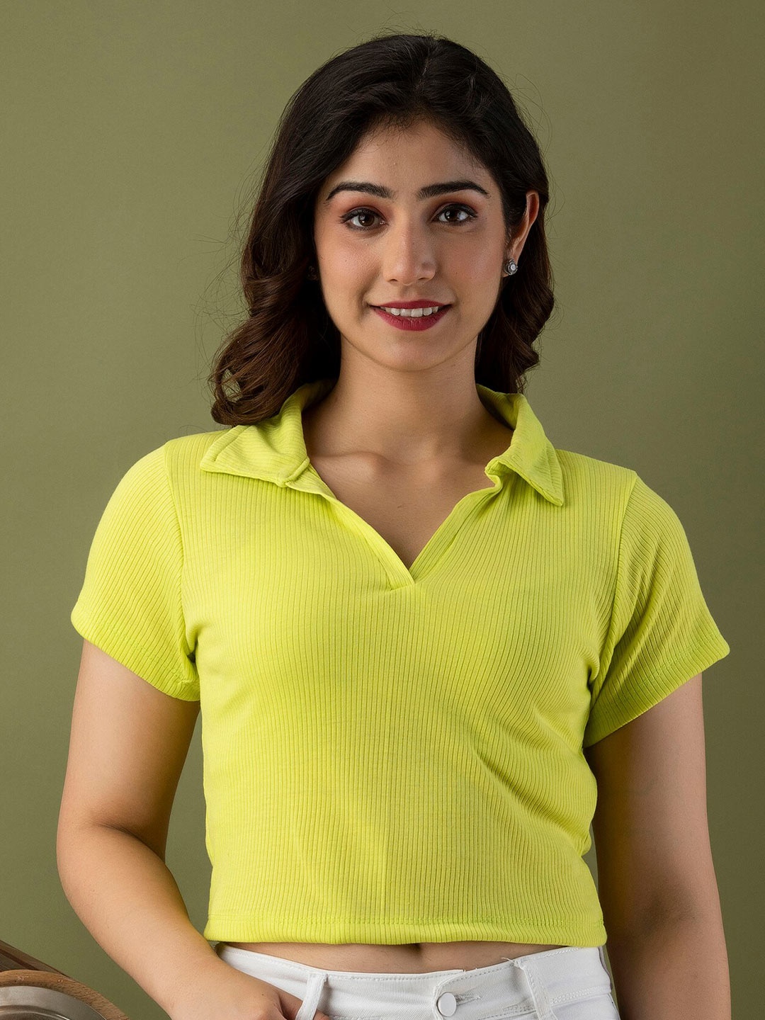 

Mialo fashion Self Design Shirt Collar Knitted Fitted Crop Top, Lime green