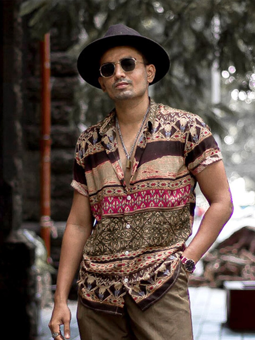 

Powerlook India Slim Cream-Coloured And Brown Ethnic Motif Printed Casual Shirt