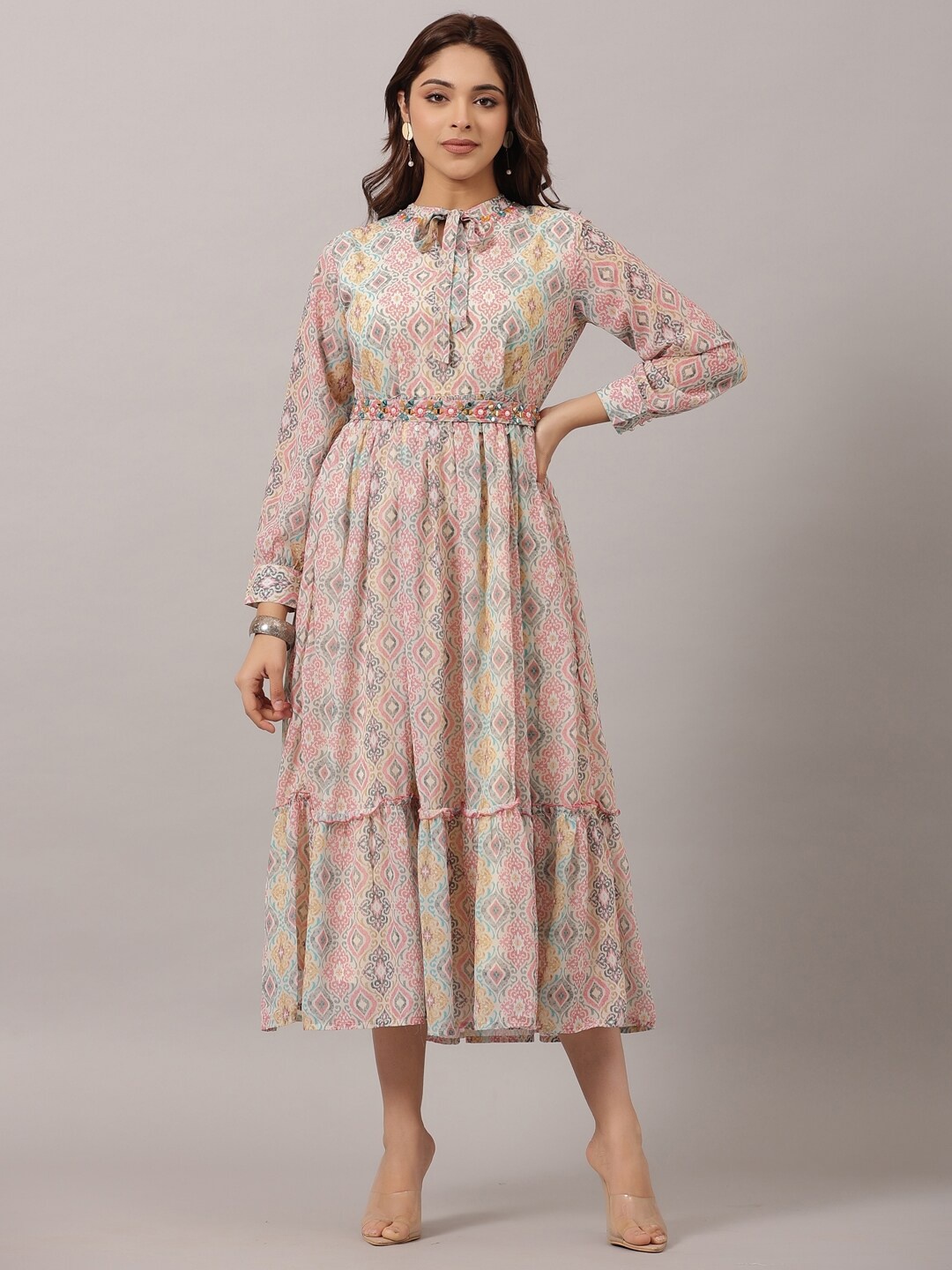 

Amchoor Ethnic Motifs Printed Fit & Flare Midi Dress With Belt, Cream