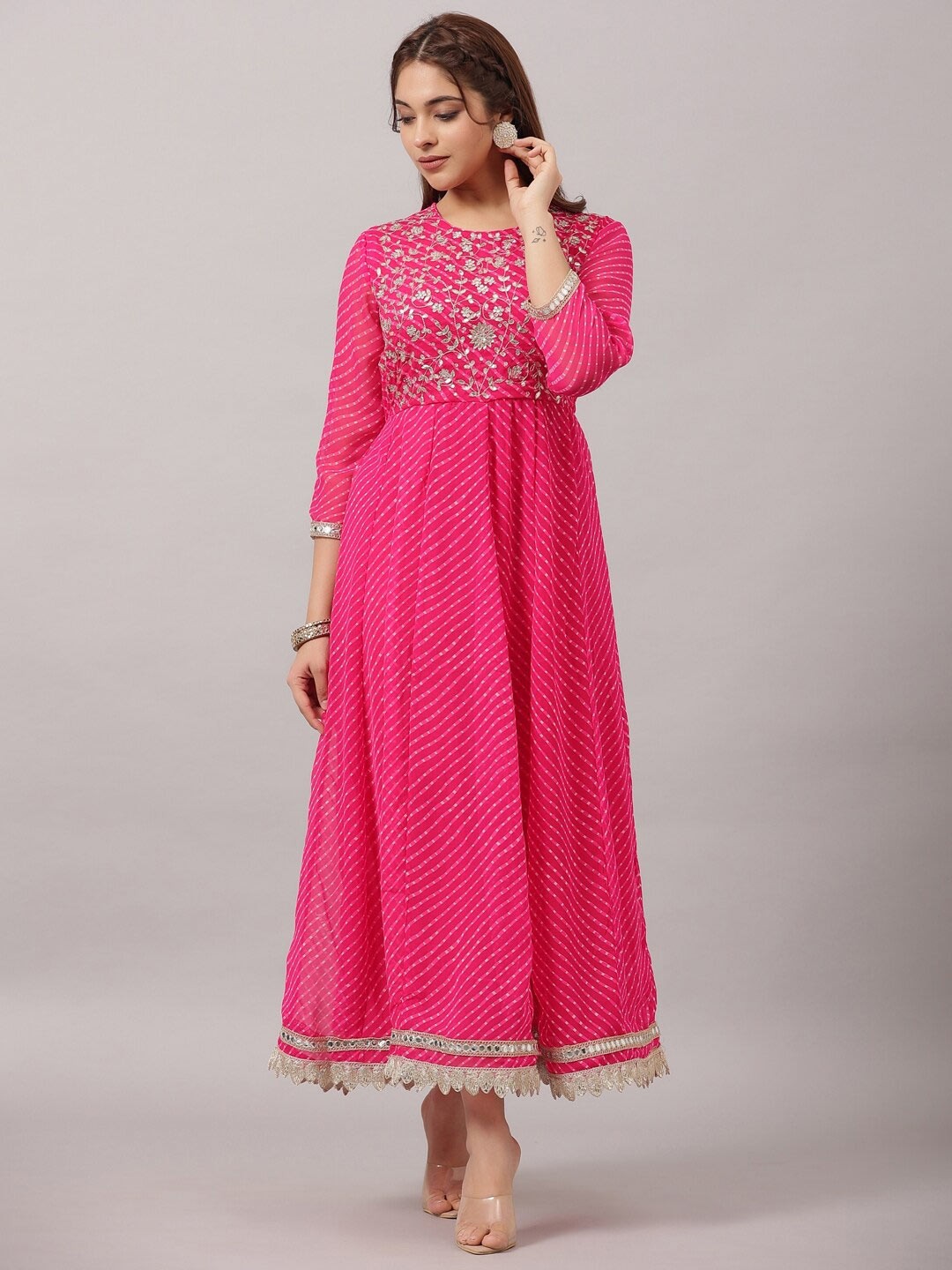 

Amchoor Striped Embellished Fit & Flare Midi Ethnic Dress, Pink