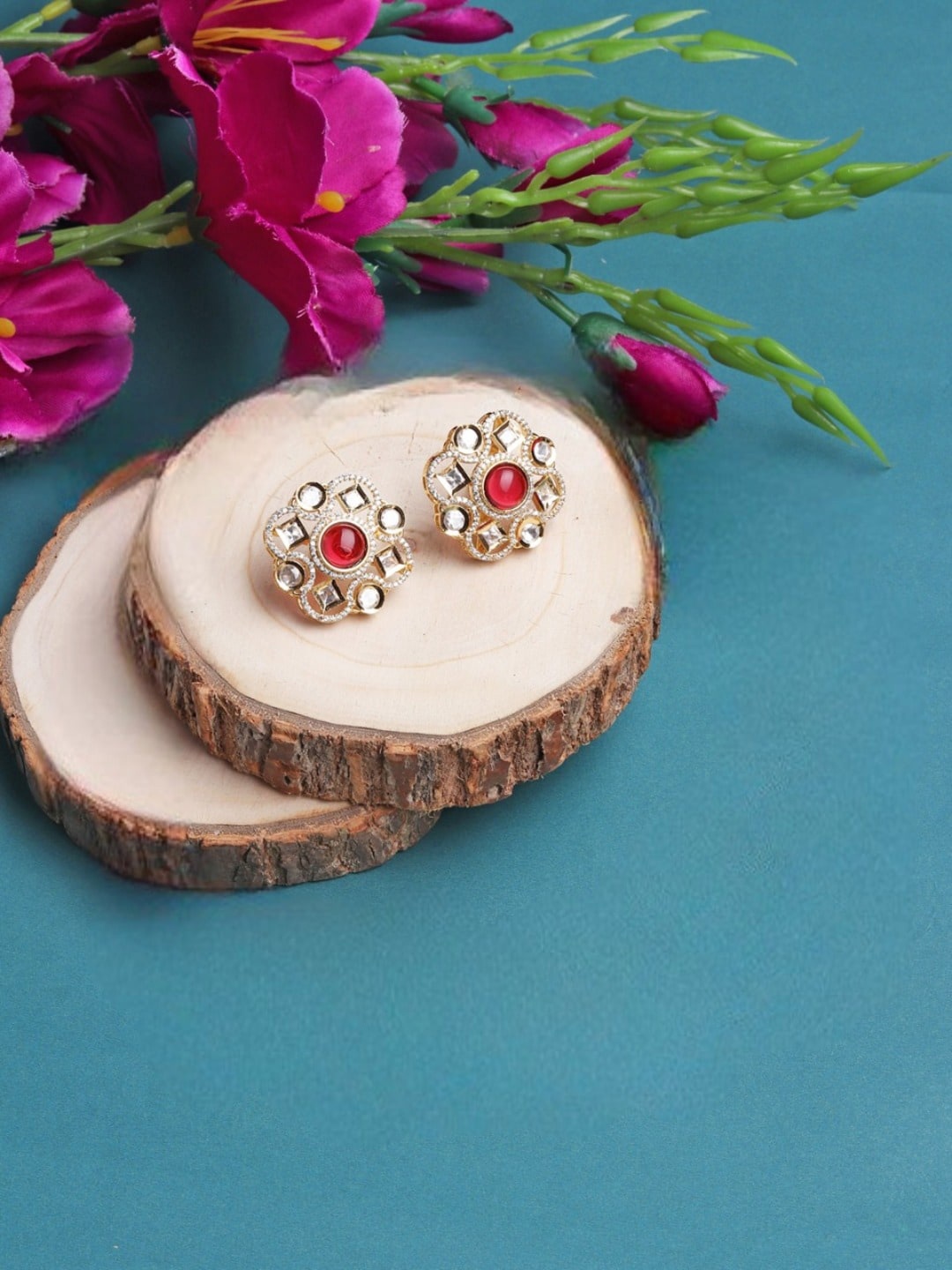 

Runjhun Gold-Plated Contemporary Studs Earrings, Red