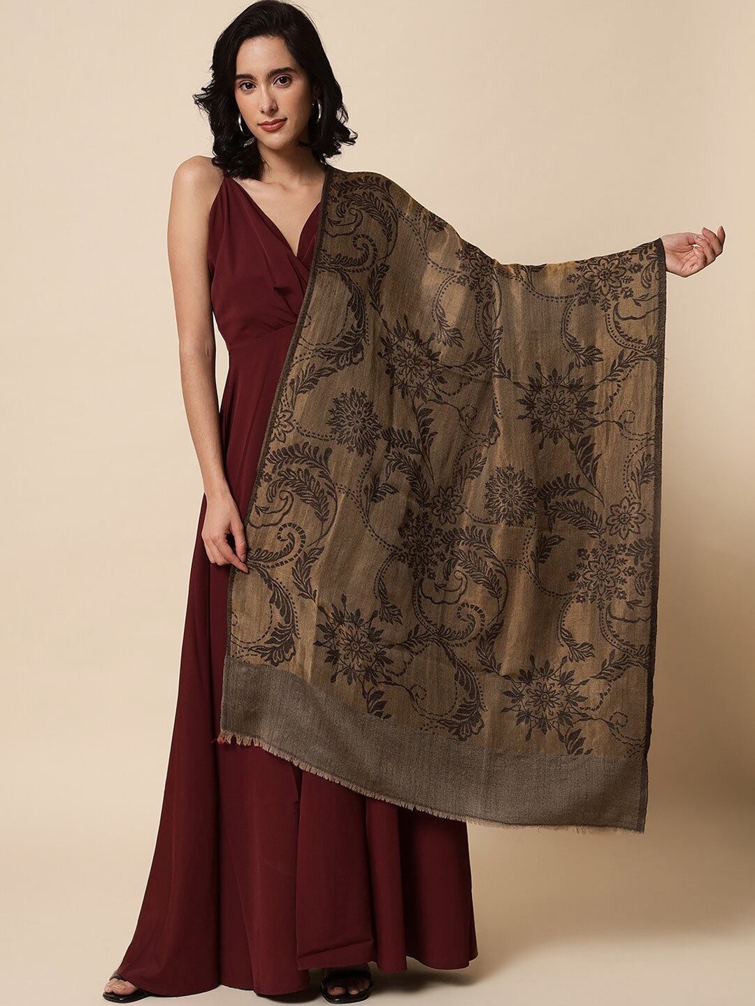 

Pashtush Women Floral Woven Design Woolen Stole, Black