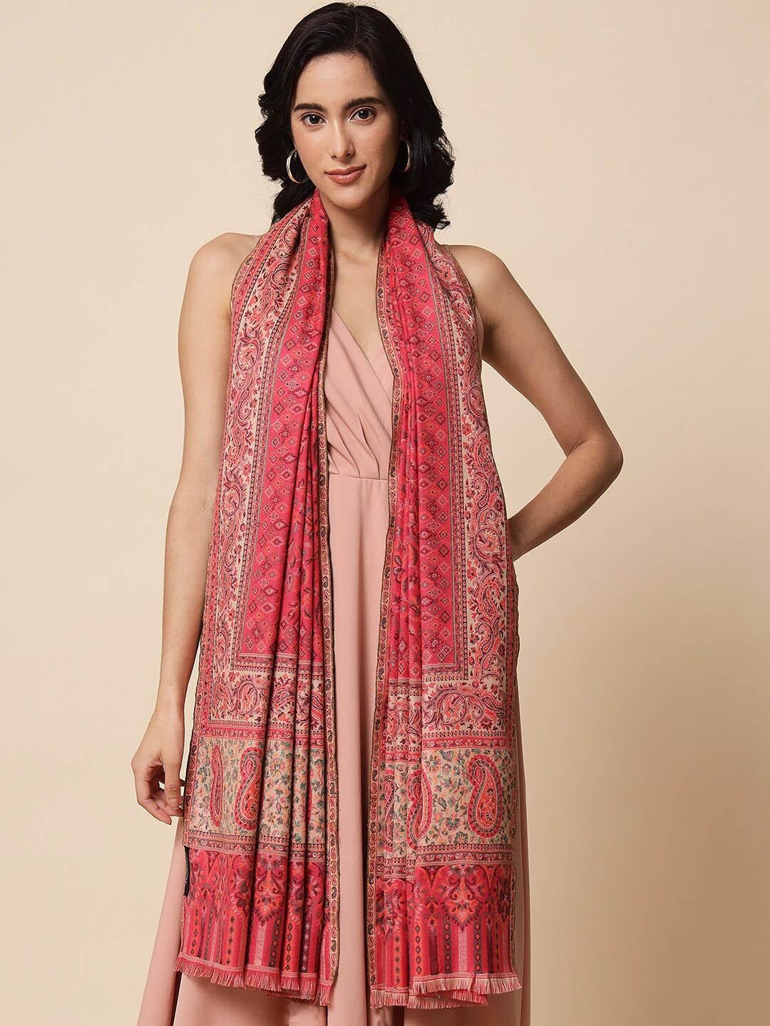 

Pashtush Ethnic Motifs Woven-Design Woolen Shawl, Pink