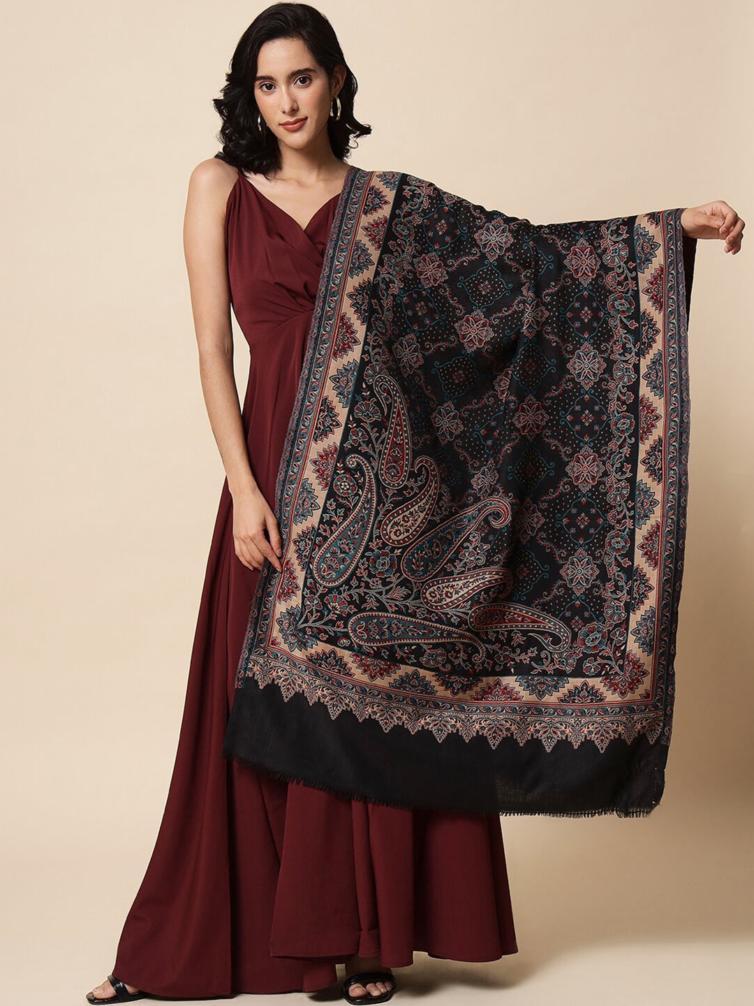 

Pashtush Women Ethnic Motifs Woven Design Woolen Stole, Black