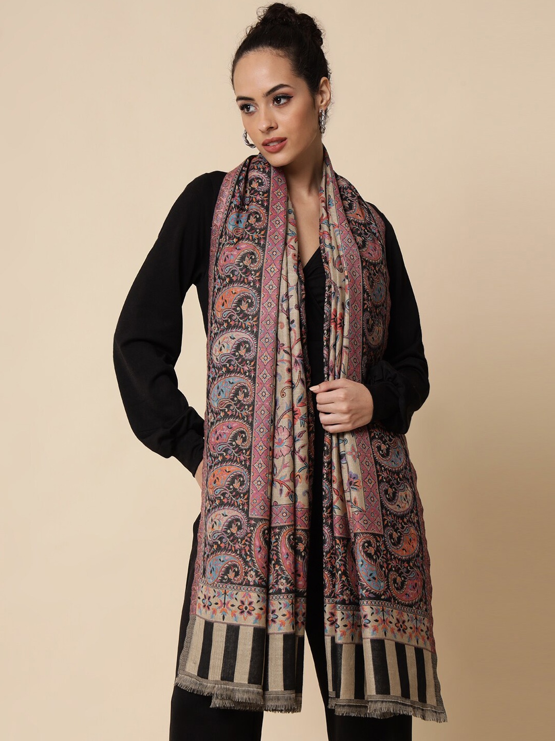 

Pashtush Paisley Woven-Design Woolen Shawl, Beige