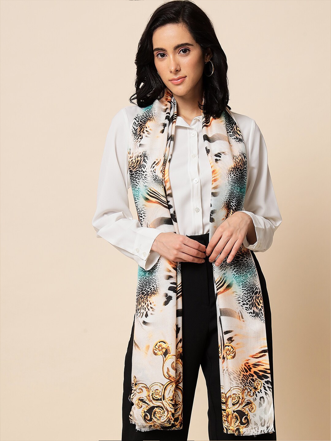 

Pashtush Women Animal Printed Stole, White