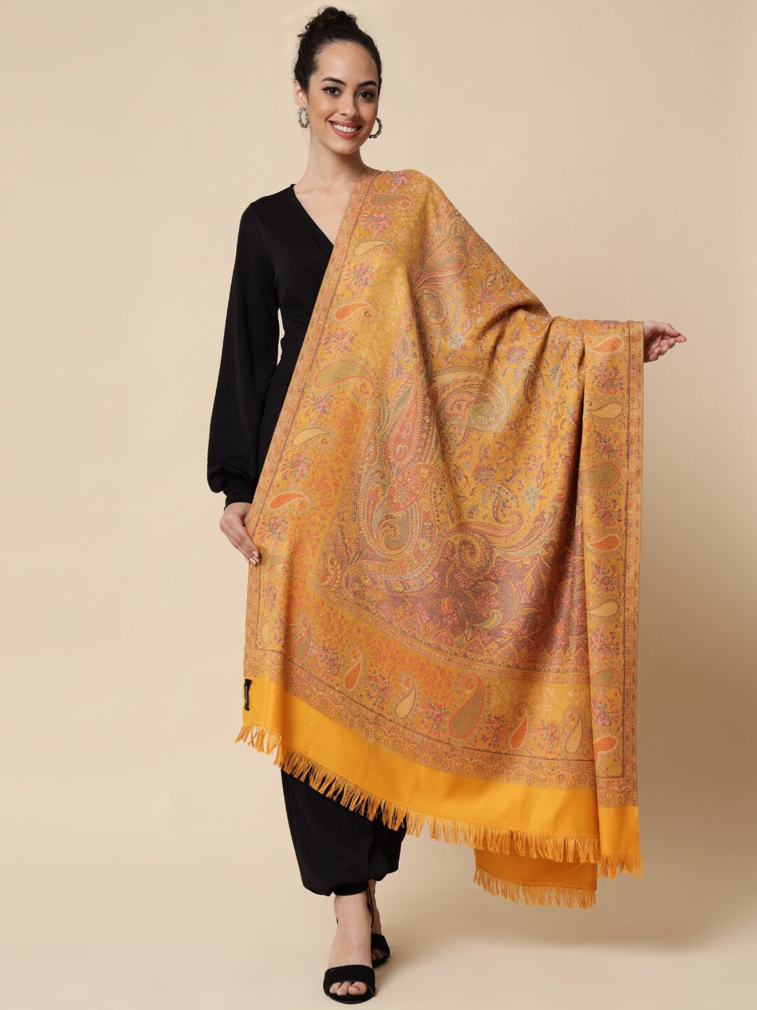 

Pashtush Women Paisley Woven Design Wool Shawl, Mustard