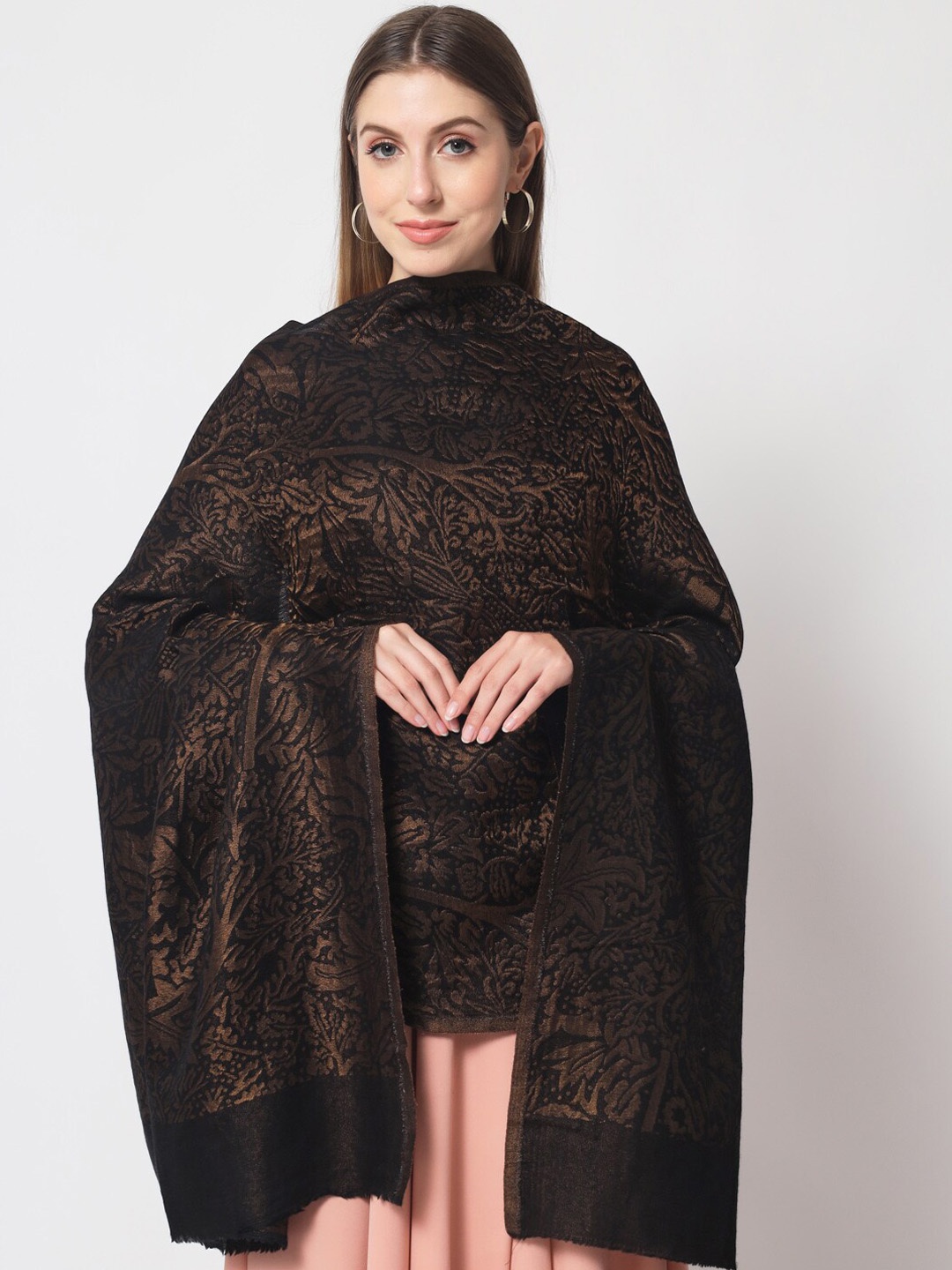 

Pashtush Women Floral Woven Design Wool Shawl, Black