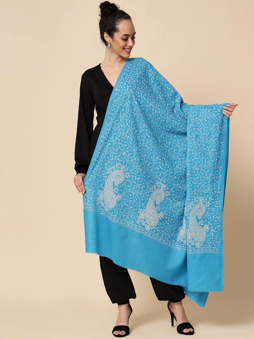 

Pashtush Women Ethnic Motifs Embroidered Wool Shawl, Blue