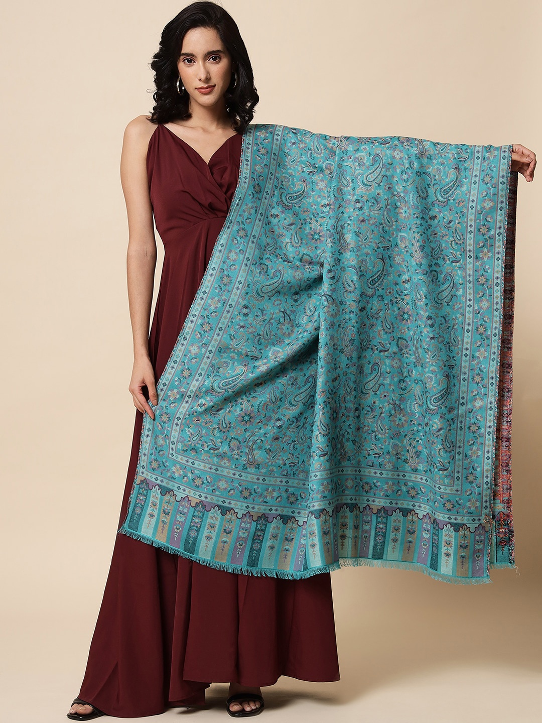 

Pashtush Women Ethnic Motifs Woven Design Shawl, Teal